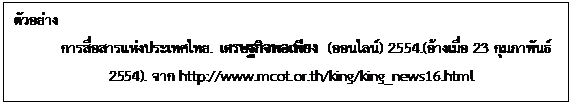 Text Box: ตัวอย่าง   การสื่อสารแห่งประเทศไทย. เศรษฐกิจพอเพียง (ออนไลน์) 2554.(อ้างเมื่อ 23 กุมภาพันธ์ 2554). จาก http://www.mcot.or.th/king/king_news16.html    