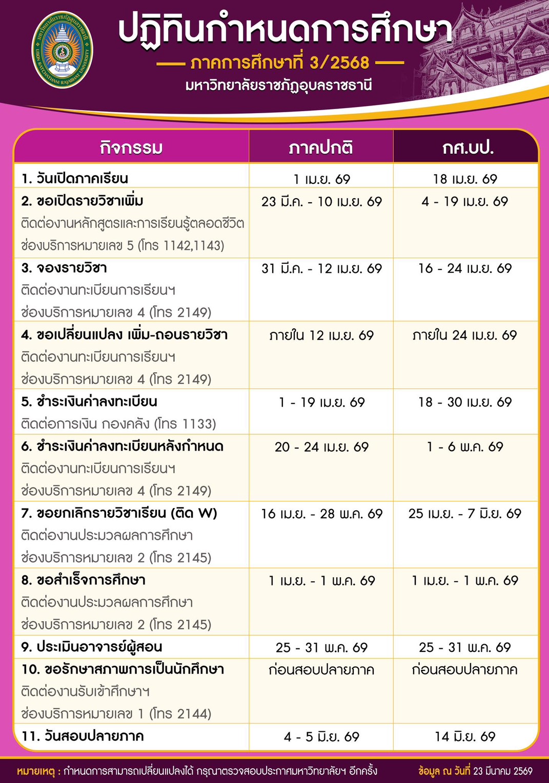 ปฏิทินการศึกษา 3/2568